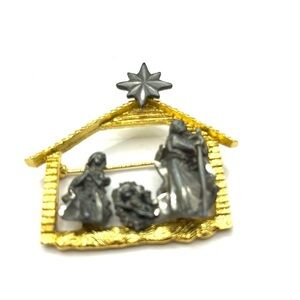 Vintage Nativity Pin Brooch Gold Tone & Pewter Baby Jesus Christmas Star Quality